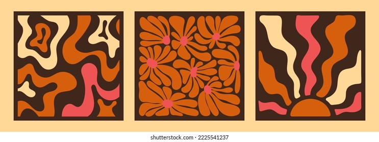 Hippie fun gift card squared template set. Retro flower power background. Vintage 1970s floral squared poster. 1960s nostalgic groovy vector illustration.
