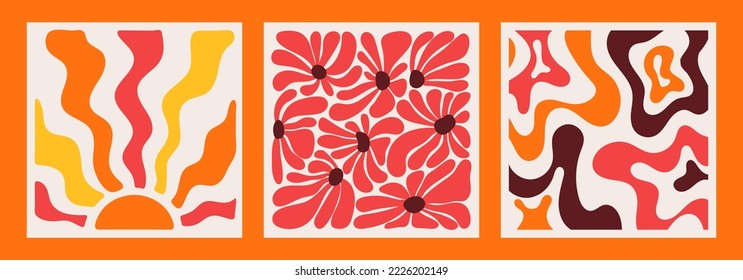 Hippie fun gift card squared template set. Retro flower power background. Vintage 1970s floral squared poster. 1960s nostalgic groovy vector illustration.