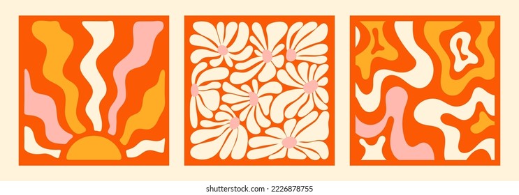 Hippie-Spaß Geschenkkarte im Quadrat Vorlage Set. Retro-floraler Power-Hintergrund. Vintage-Plakat aus den 70er Jahren 1960er Jahre nostalgische Groovy Vektorgrafik.