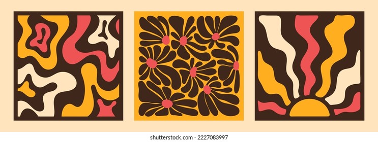 Hippie fun gift card squared template set. Retro flower power background. Vintage 1970s floral squared poster. 1960s nostalgic groovy vector illustration.
