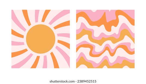 Hippie fun gift card squared template set. Retro power backgrounds. Vintage 1970s sun squared poster. 1960s nostalgic groovy vector illustration. Trendy groovy print design for posters, cards, banners