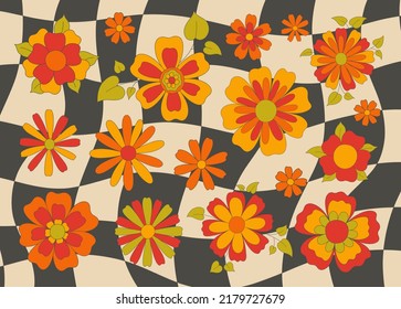 Hippie funky vibe style flower set. Vintage 1960-1970.All element are isolated. Hippy retro background. Symbol retro print.Vector illustration.