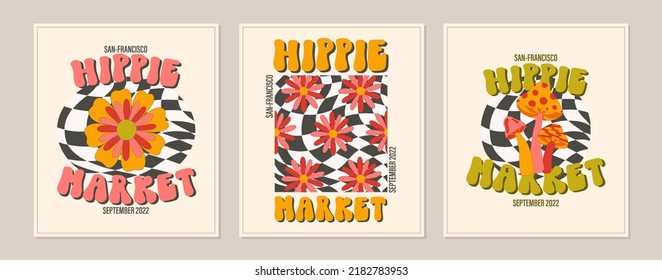 Hippie funky vibe style template. Vintage 1960-1970. Hippy retro background. Symbol retro print.