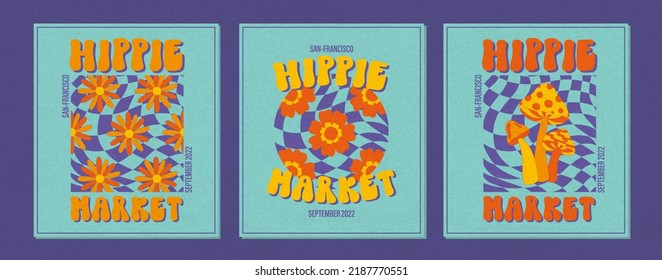 Hippie funky vibe style template. Vintage 1960-1970. Hippy retro background. Symbol retro print.Vector illustration.