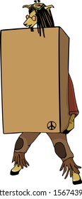 
The hippie giraffe carries a very heavy box. He is tired and holds the box with all his strength. He is wearing a red shirt and brown fringed trousers. He likes to wear glasses and dreadlocks.