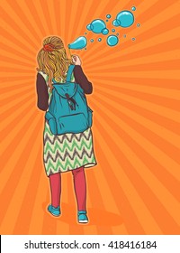 hippie girl with a backpack, bohemian girl, boho style. Illustration for print, clothing design, and web sites. Hippy or hippie philosophy and subculture movement heyday came in the late 1960s -1970s