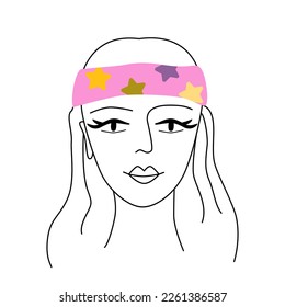 Hippie girl in bandana headband isolated on white background. 70s retro groovy revival. Line art. Retro positive vibes.