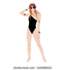 Hippie girl in a black swimsuit isolated on white background. Subculture. Cartoon. Hand-Drawn Flat Vector illustration.