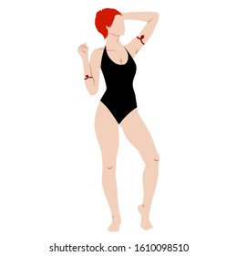 Hippie girl in a black swimsuit isolated on white background. Subculture. Cartoon. Hand-Drawn Flat Vector illustration.