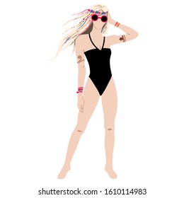 Hippie girl in a black swimsuit isolated on white background. Subculture. Cartoon. Hand-Drawn Flat Vector illustration.