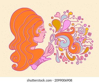 hippie girl blowing soap bubbles, vector illustration, 70s art