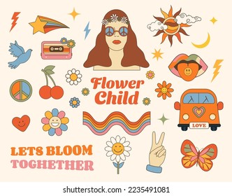 Hippie Girl, daisy flowers, love, sunshine, lips, butterfly, bus etc. Groovy hippie 70s set of elements. Sticker pack in retro cartoon style. Flower power symbols. Vector clipart