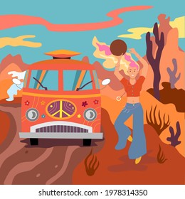 Hippie girl dancing near a Volkswagen hippie car. Dancing with tambourine in the background of Arizona desert, bright sunset sun, freedom, happiness. Vector flat illustration, bright cartoon style.