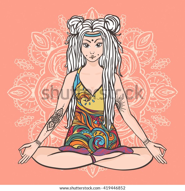 Hippie Girl Dreadlocks Boho Style Yoga Stock Vektorgrafik