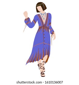 Hippie Girl Dressed In Classic Woodstock Sixties Hippy Subculture Clothes Dress. Travelling. Cartoon. Hand-Drawn Flat Vector illustration girls