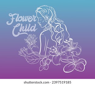 hippie girl with flowers vector line drawing, tropical flower vector illustration, lady with flower in hair, flower child, hippie girl artwork for t shirt, sticker, poster, graphic print