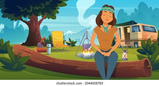 Hippie girl in forest camp, relaxed woman sitting on log enjoying nature with closed eyes in camping with Rv caravan and campfire on mountain view. Summertime traveling, Cartoon vector illustration