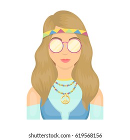 A Hippie Girl With Glasses With Beads.Hippy Single Icon In Cartoon Style Vector Symbol Stock Illustration Web.