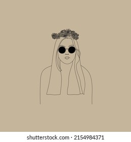 Hippie Girl In Glasses With A Flower Wreath. Icon In Cartoon Style. Vector Illustration