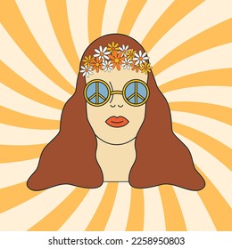 Hippie Girl groovy character retro card design 70s style. Sunburst, Swirl Rays Background. Vector illustration design for posters, t-shirt, social media, cards