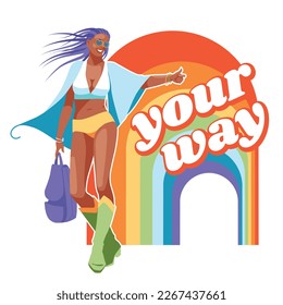 hippie girl hitchhiking on the way to the rainbow tunnel. Groovy, peace, love lifestyle, freedom concept. Isolated on white background. Vector flat illustration