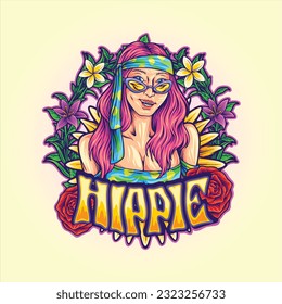 Hippie-Girl fröhliches Lächeln mit bohemianischen Rahmen-Illustrationen Vektorgrafiken für Ihr Arbeitslogo, Merchandise-T-Shirt, Aufkleber und Etiketten-Designs, Poster, Grußkarten Werbegeschäft 