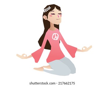 Hippie girl meditation cartoon isolated vector illustration full body