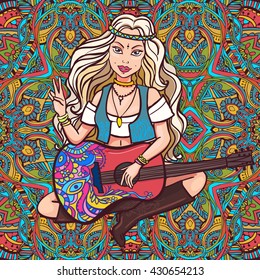 Hippie girl. Ornamental background. Love and Music with hand-written fonts, hand-drawn doodle background and textures. Hippy color vector illustration. Retro 1960s, 60s, 70s