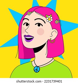 Hippie girl with pink hair and daisies NFT concept. Vector illustration