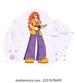 Hippie girl playing rock music on the guitar