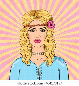 Hippie girl in pop art comic style, retro hippie woman with blonde hair and flower vector illustration