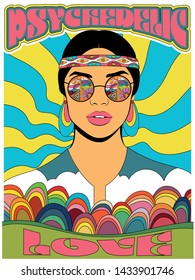 Hippie Girl Psychedelic Art Love and Peace Propaganda Poster, Vintage Stylization