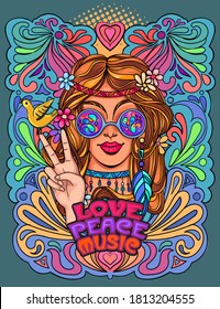  hippie girl in psychedelic glasses and ethnic jewelry shows victory sign and peace and love. Vector colorful background in pop art retro comic style. Symbol pacificism and freedom 