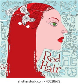 hippie girl red hair with associative words