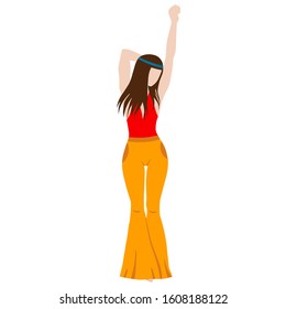 Hippie girl in a red t-shirt and yellow pants isolated on white background. Subculture. Cartoon. Hand-Drawn Flat Vector illustration.