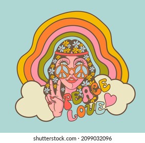 hippie girl in round sunglasses with a rainbow and a symbol of peace, vector illustration in the style of the 70s