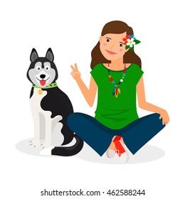 Hippie girl with shephard dog. Vector illustration