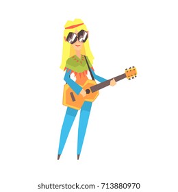 Hippie girl singing while playing guitar cartoon vector Illustration