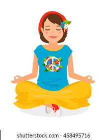 Hippie Girl Yoga Meditation vector illustration on white