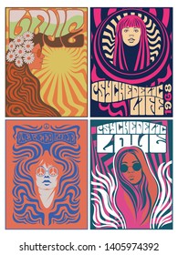 Hippie Girls 1960s Posters Stylization Psychedelic Arts and Colors