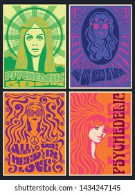 Hippie Girls Psychedelic Art Vintage Style, Female, Retro Color Backgrounds