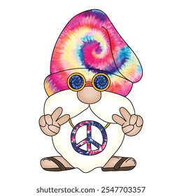 Hippie Gnome Vector with Tie-Dye Hat and Peace Symbol,Peace and Love Vector Art.