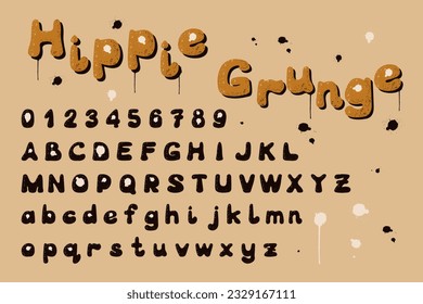 Hippie groove grunge style typescript. Vintage trendy typeface. Stylized isolated characters and numbers with paint splashes texture. Funky typeset. Perfect for nostalgia lettering design