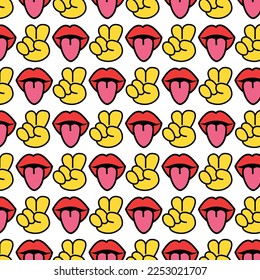 Hippie groovy 60s style  Peace and mouth doodle bundlebackground print for t-shirt, poster, card, sticker set concept