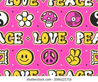 Hippie groovy 60s style seamless pattern.Peace,love quote word.Vector cartoon character illustration.Hippie,vintage,groovy,60s,70s,psychedelic music,mushroom,flower,acid seamless pattern concept art