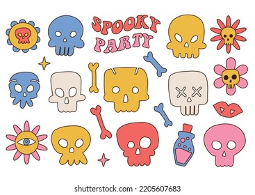 Hippie Groovy Bons and Scull elements set. Skeleton Daisy florals vector illustration collection isolated on white. Flower power braincase Halloween print collection for T-shirt design.