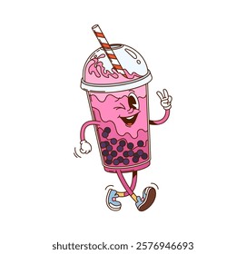 Hippie groovy bubble tea drink character. Fast food menu juicy dessert beverage groovy vector mascot. Cafe pink smoothie or sweet drink in plastic cup with straw happy smiling and walking character