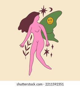 Hippie groovy celestial fairy girl or elf vector clipart illustration, boho sacred magic woman, freedom mystical symbol. Modern abstract silhouette. 
