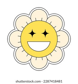 Hippie groovy chamomile smiley character good vibes. Retro daisy flower head with face mascot. Positive nostalgic vintage cartoon style plant. Trendy y2y pop culture floral vector eps design