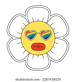 Hippie groovy chamomile smiley character good vibes. Retro daisy flower head mascot with rainbow glasses. Positive nostalgic vintage cartoon style plant. Trendy y2y pop culture floral design. Vector